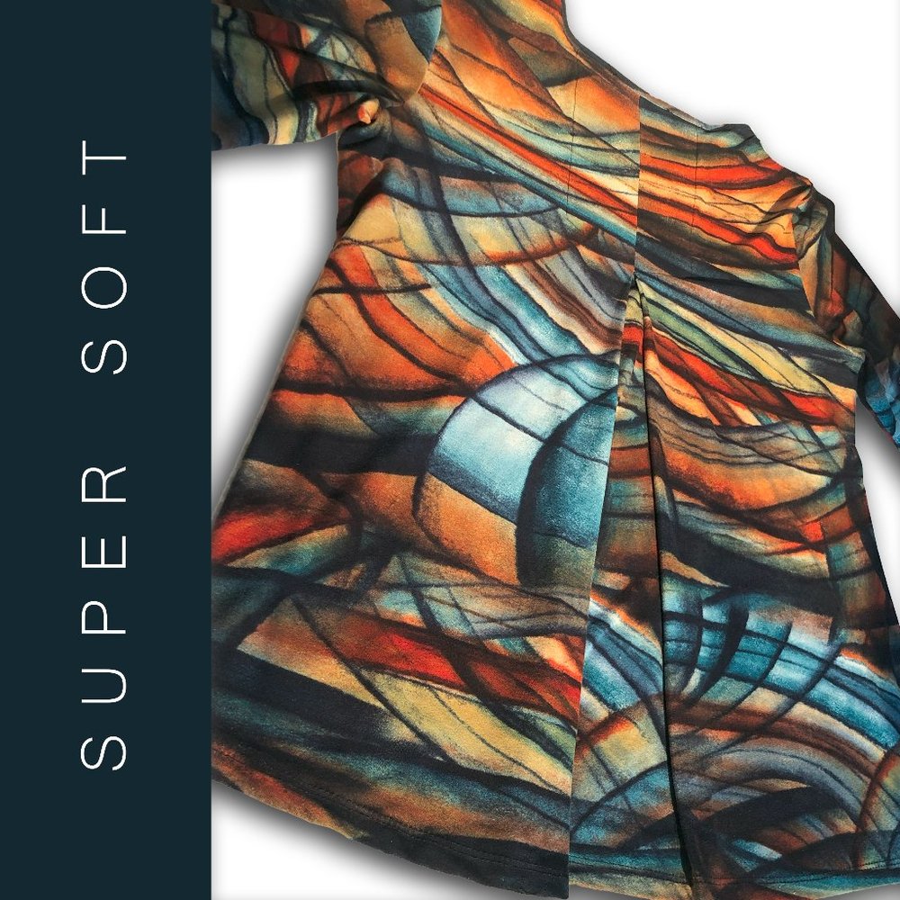 Colorful Abstract jewel tones long sleeve pleated back top super soft v neck L